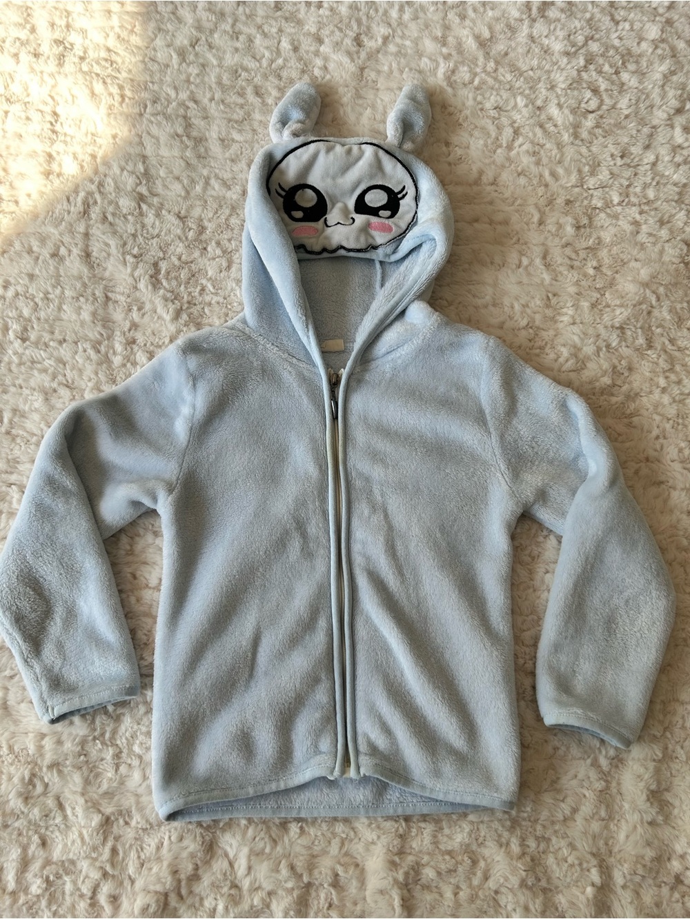Kids Light Blue Plush Hooded Zip-Up Top with Character Hood